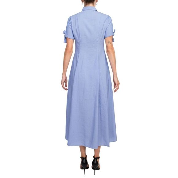 T Tahari Collared Button Down Dress Size 6 Blue Striped Midi Fit Flare - Picture 2 of 15